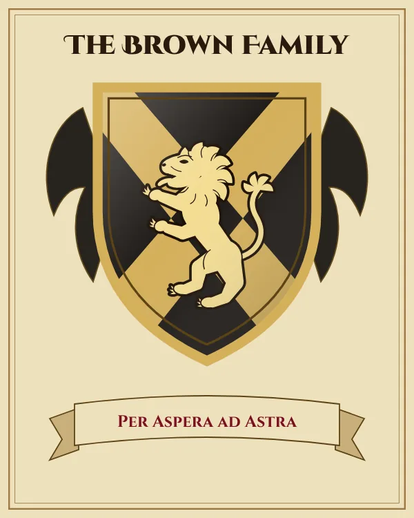 Coat of arms of The Brown Family: a black shield with a gold X-shaped cross and a gold rampant lion, motto "Per Aspera ad Astra"
