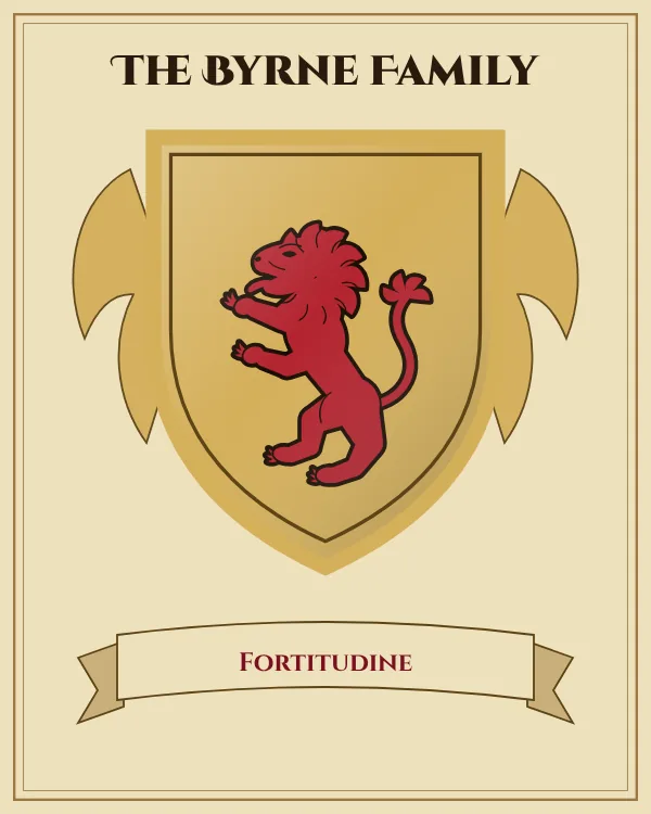Coat of arms of The Byrne Family: a gold shield and a red rampant lion, motto "Fortitudine"