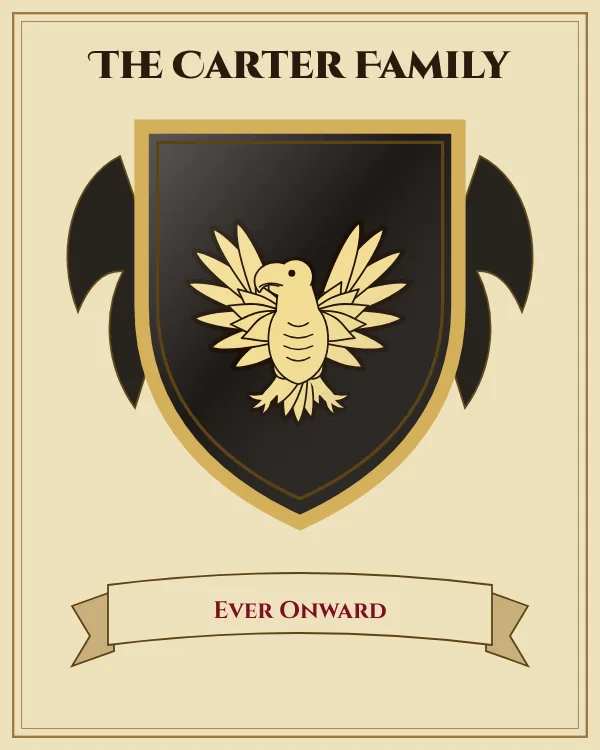 Coat of arms of The Carter Family: a black shield and a gold eagle with spread wings, motto "Ever Onward"