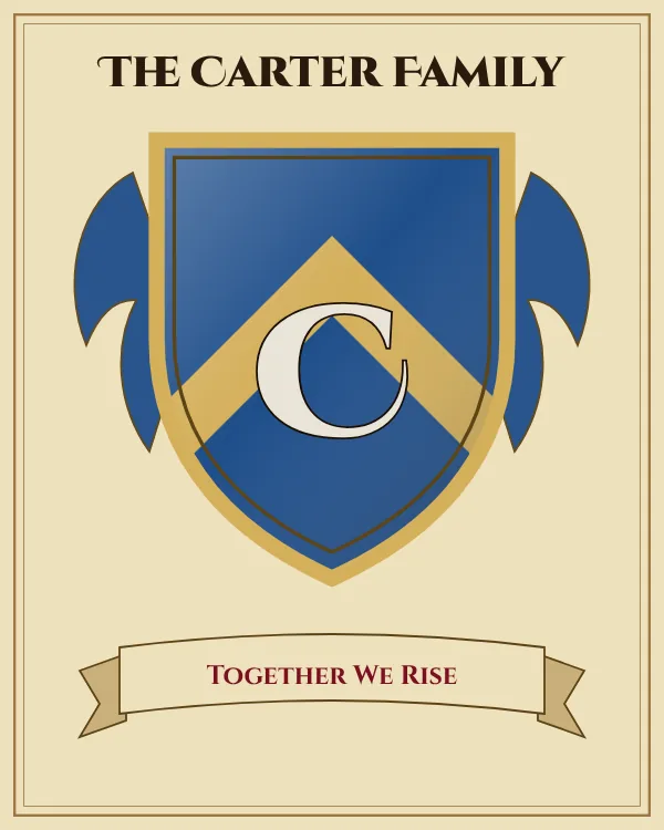 Coat of arms of The Carter Family: a blue shield with a gold chevron and the letter C in silver, motto "Together We Rise"