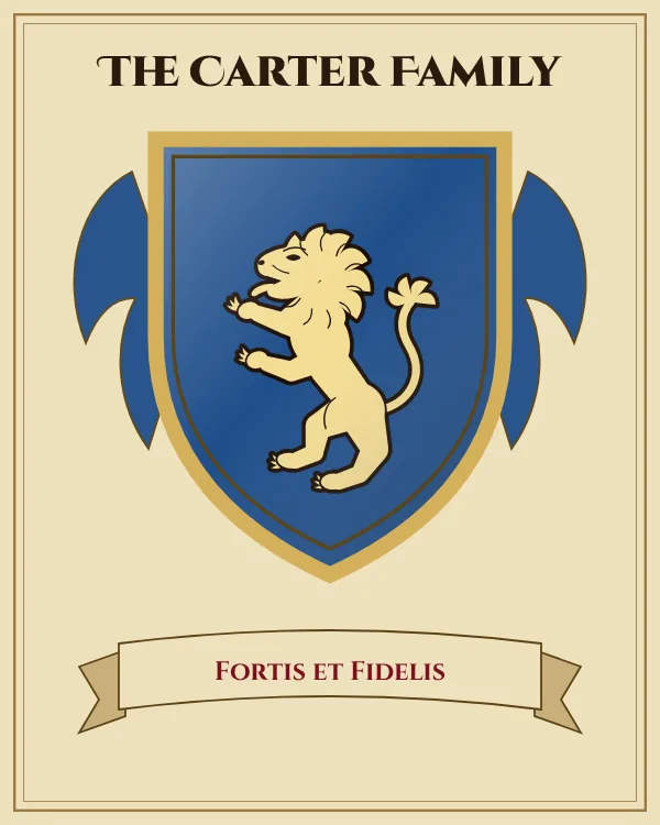 Coat of arms of The Carter Family: a blue shield and a gold rampant lion, motto "Fortis et Fidelis"