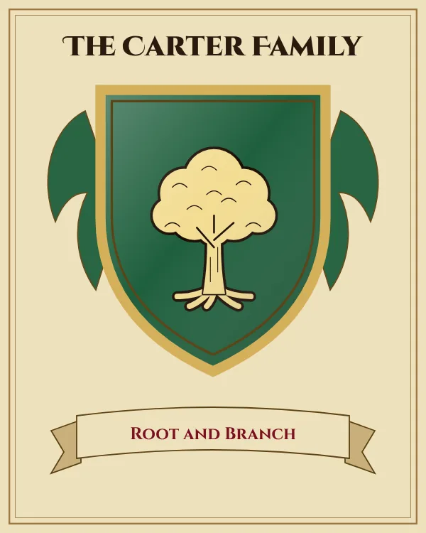 Coat of arms of The Carter Family: a green shield and a gold oak tree, motto "Root and Branch"
