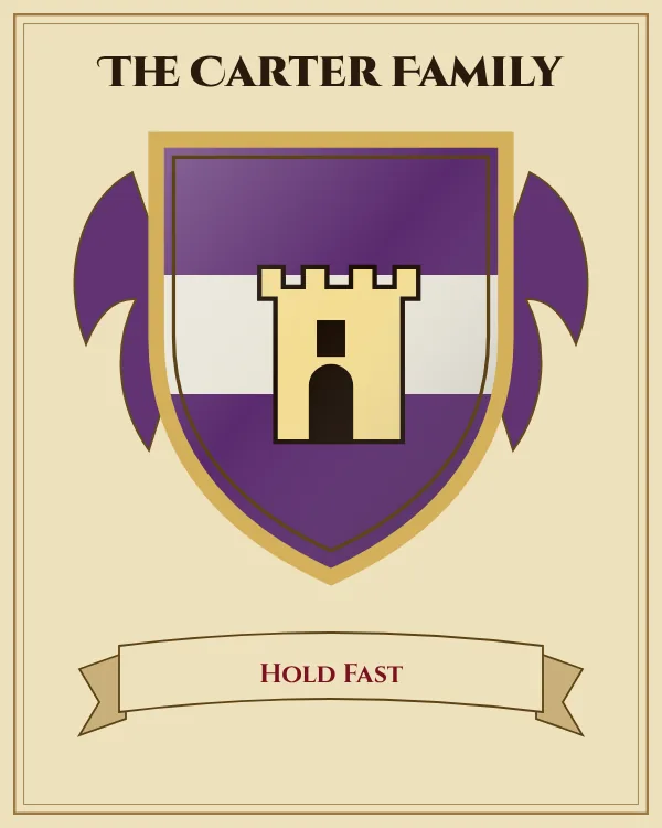 Coat of arms of The Carter Family: a purple shield with a silver horizontal band and a gold tower, motto "Hold Fast"