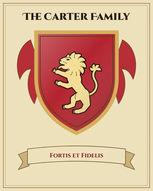 Coat of arms of The Carter Family: a red shield and a gold rampant lion, motto "Fortis et Fidelis"