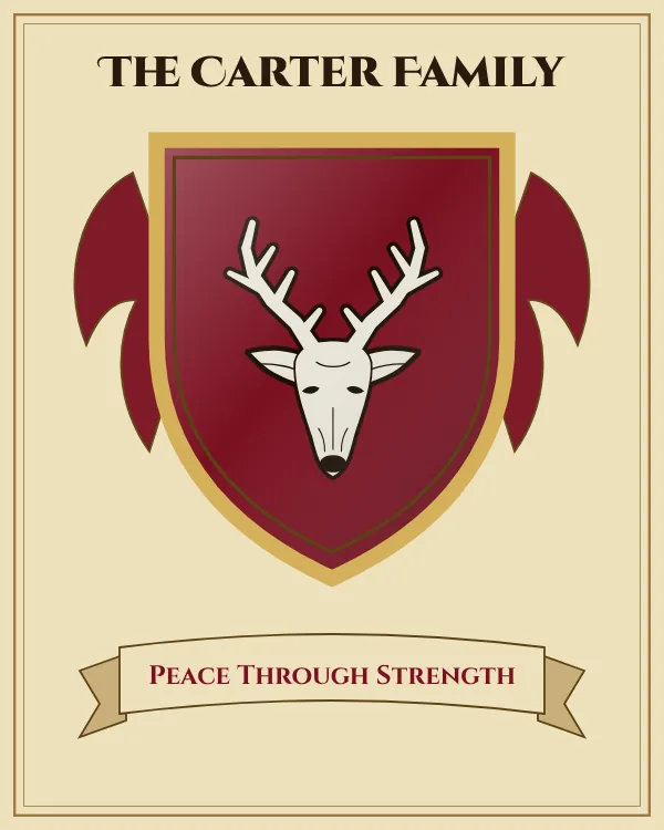 Coat of arms of The Carter Family: a deep red shield and a silver stag's head with antlers, motto "Peace Through Strength"