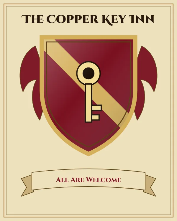 Coat of arms of The Copper Key Inn: a deep red shield with a gold diagonal band and a gold key, motto "All Are Welcome"