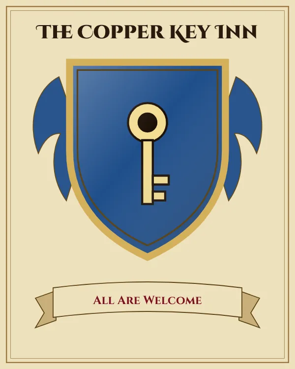 Coat of arms of The Copper Key Inn: a blue shield and a gold key, motto "All Are Welcome"