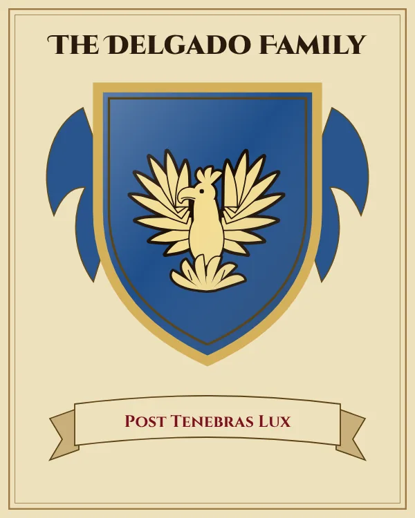 Coat of arms of The Delgado Family: a blue shield and a gold phoenix rising from flames, motto "Post Tenebras Lux"