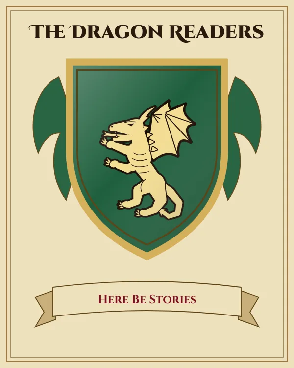 Coat of arms of The Dragon Readers: a green shield and a gold dragon, motto "Here Be Stories"