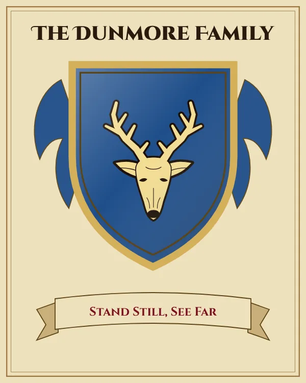 Coat of arms of The Dunmore Family: a blue shield and a gold stag's head with antlers, motto "Stand Still, See Far"