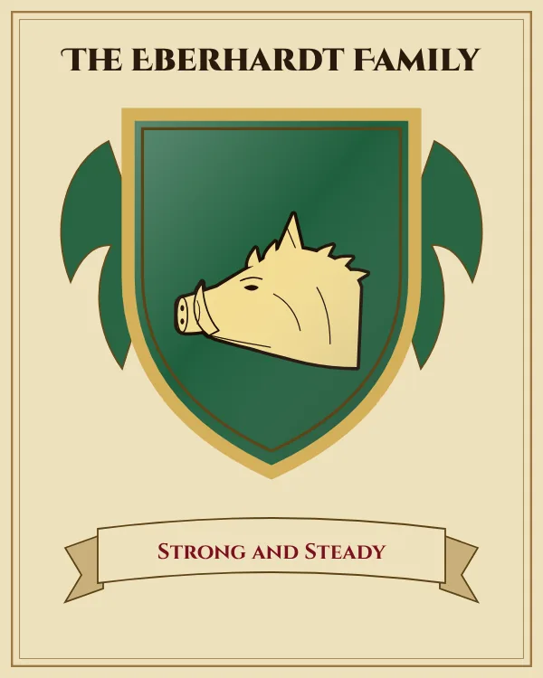 Coat of arms of The Eberhardt Family: a green shield and a gold boar's head, motto "Strong and Steady"