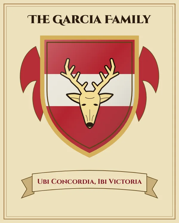Coat of arms of The Garcia Family: a red shield with a silver horizontal band and a gold stag's head with antlers, motto "Ubi Concordia, Ibi Victoria"
