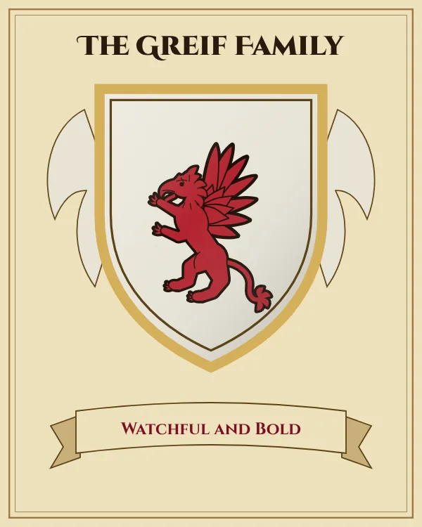 Coat of arms of The Greif Family: a silver shield and a red griffin, motto "Watchful and Bold"