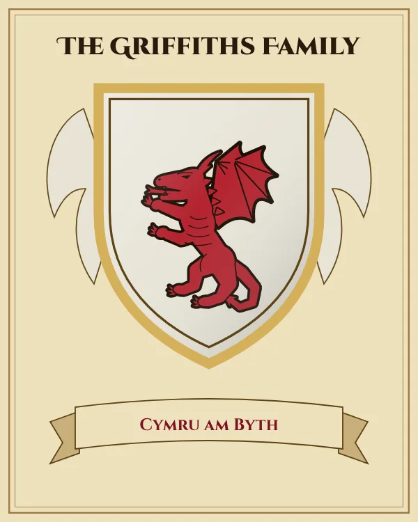 Coat of arms of The Griffiths Family: a silver shield and a red dragon, motto "Cymru am Byth"