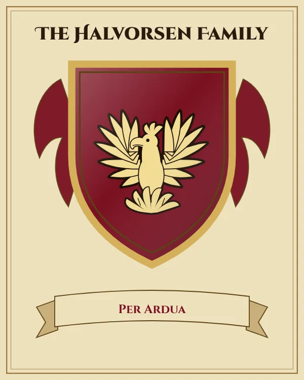 Coat of arms of The Halvorsen Family: a deep red shield and a gold phoenix rising from flames, motto "Per Ardua"