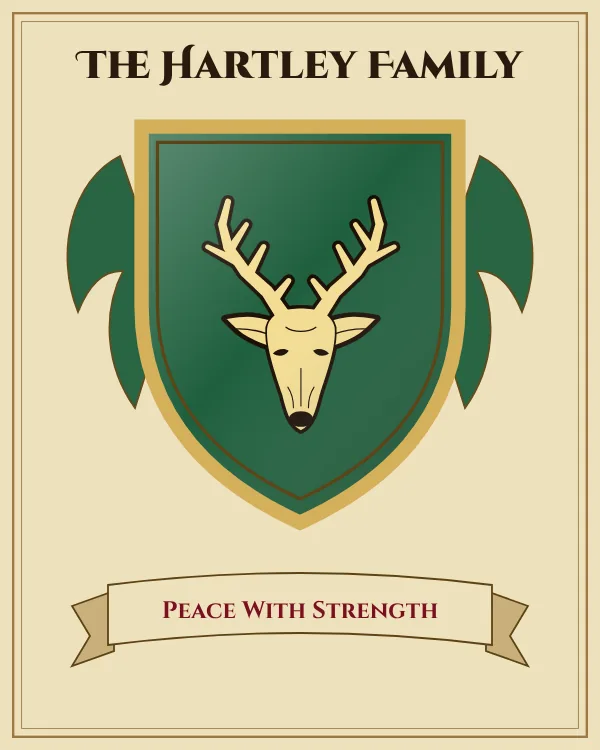 Coat of arms of The Hartley Family: a green shield and a gold stag's head with antlers, motto "Peace With Strength"