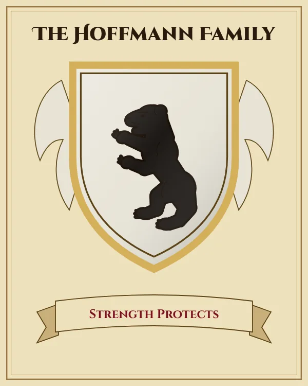 Coat of arms of The Hoffmann Family: a silver shield and a black standing bear, motto "Strength Protects"