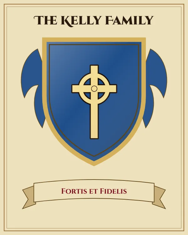 Coat of arms of The Kelly Family: a blue shield and a gold Celtic cross, motto "Fortis et Fidelis"