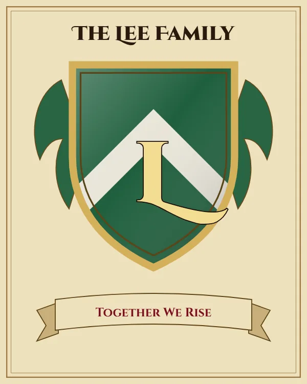 Coat of arms of The Lee Family: a green shield with a silver chevron and the letter L in gold, motto "Together We Rise"