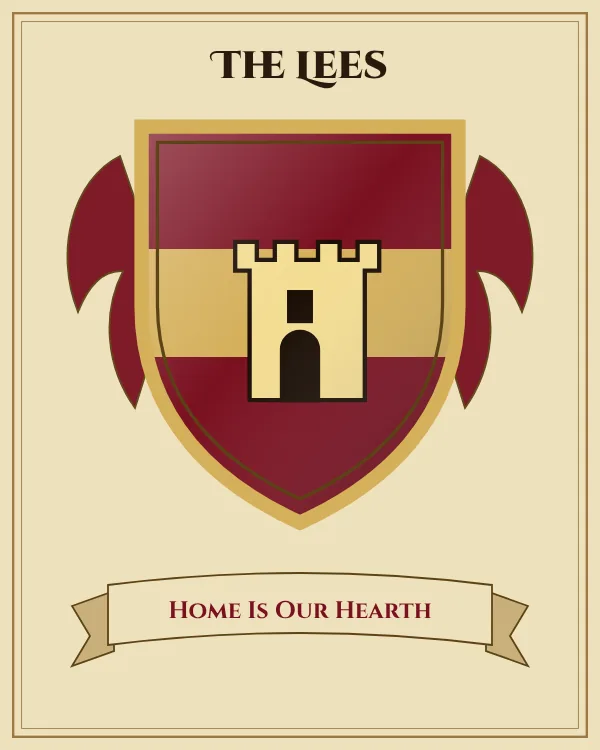 Coat of arms of The Lees: a deep red shield with a gold horizontal band and a gold tower, motto "Home Is Our Hearth"