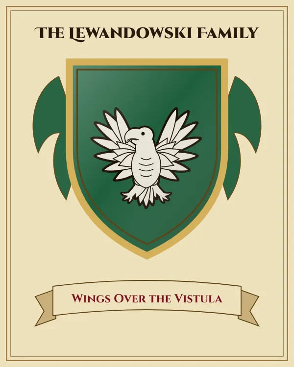 Coat of arms of The Lewandowski Family: a green shield and a silver eagle with spread wings, motto "Wings Over the Vistula"
