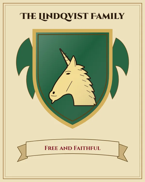 Coat of arms of The Lindqvist Family: a green shield and a gold unicorn's head, motto "Free and Faithful"