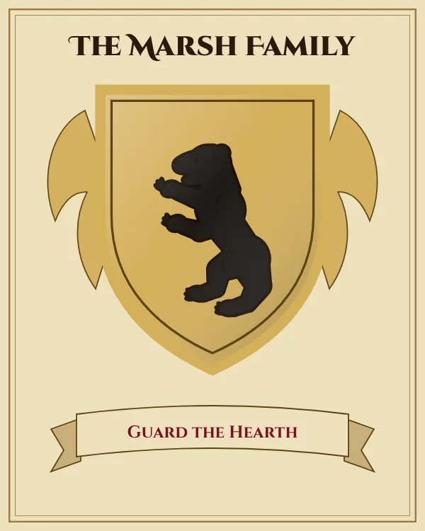 Coat of arms of The Marsh Family: a gold shield and a black standing bear, motto "Guard the Hearth"