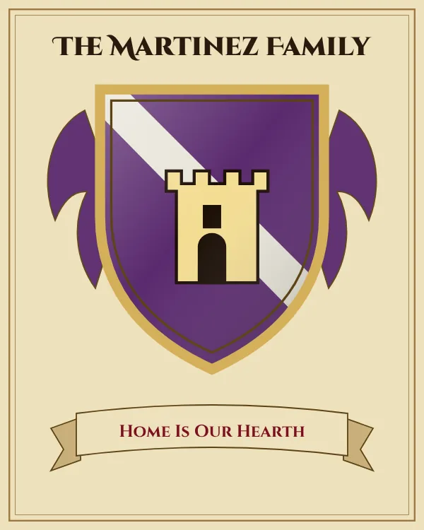 Coat of arms of The Martinez Family: a purple shield with a silver diagonal band and a gold tower, motto "Home Is Our Hearth"