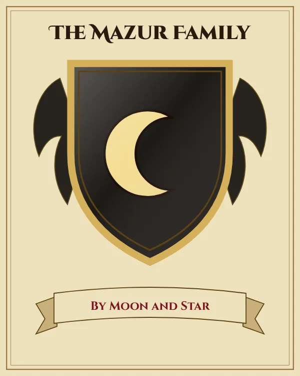 Coat of arms of The Mazur Family: a black shield and a gold crescent moon, motto "By Moon and Star"