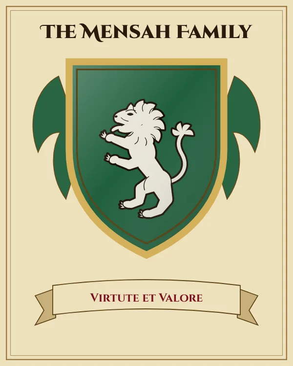 Coat of arms of The Mensah Family: a green shield and a silver rampant lion, motto "Virtute et Valore"