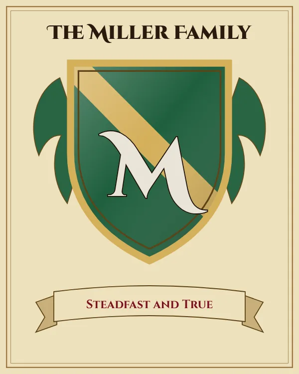 Coat of arms of The Miller Family: a green shield with a gold diagonal band and the letter M in silver, motto "Steadfast and True"