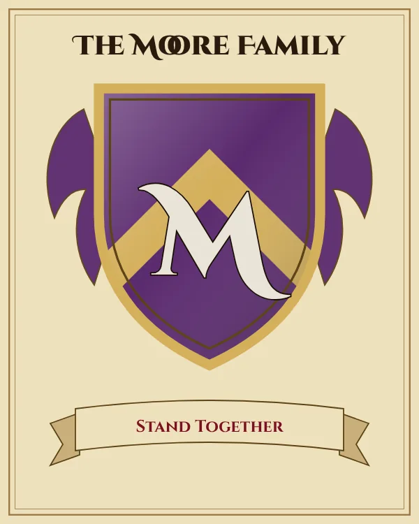 Coat of arms of The Moore Family: a purple shield with a gold chevron and the letter M in silver, motto "Stand Together"