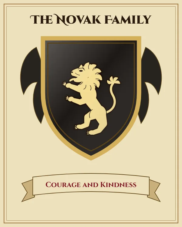Coat of arms of The Novak Family: a black shield and a gold rampant lion, motto "Courage and Kindness"
