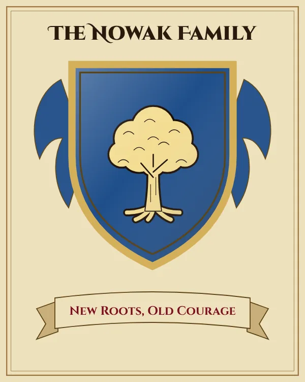 Coat of arms of The Nowak Family: a blue shield and a gold oak tree, motto "New Roots, Old Courage"