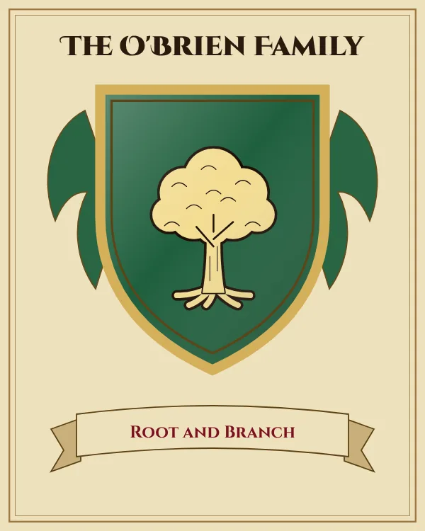 Coat of arms of The O'Brien Family: a green shield and a gold oak tree, motto "Root and Branch"