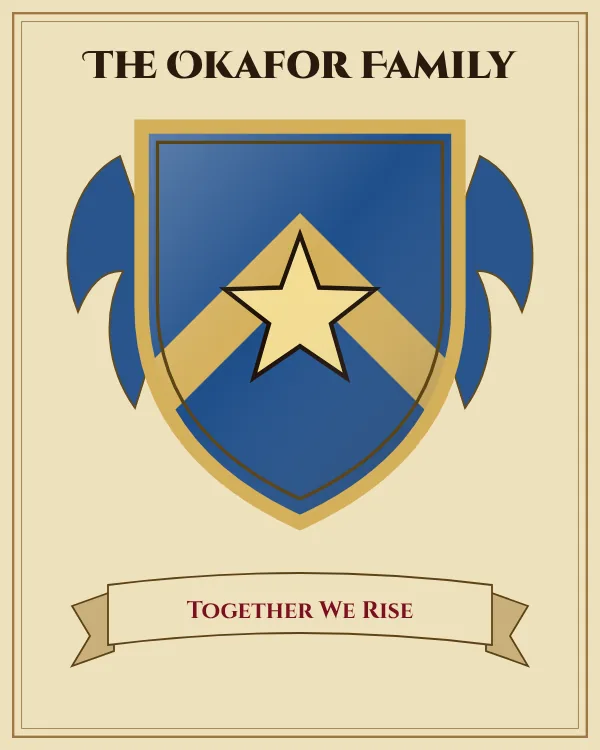 Coat of arms of The Okafor Family: a blue shield with a gold chevron and a gold star, motto "Together We Rise"