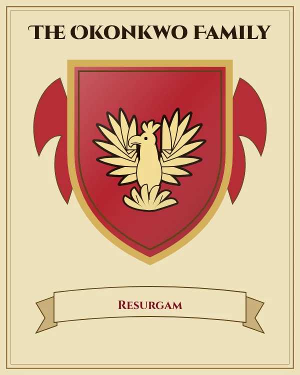 Coat of arms of The Okonkwo Family: a red shield and a gold phoenix rising from flames, motto "Resurgam"