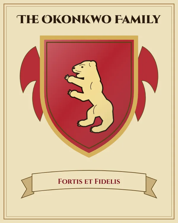Coat of arms of The Okonkwo Family: a red shield and a gold standing bear, motto "Fortis et Fidelis"