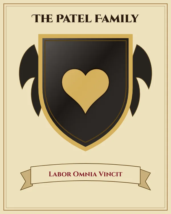 Coat of arms of The Patel Family: a black shield and a gold heart, motto "Labor Omnia Vincit"