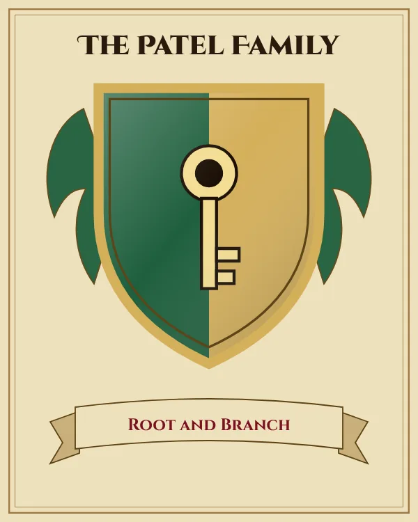 Coat of arms of The Patel Family: a shield split down the middle in green and gold and a gold key, motto "Root and Branch"