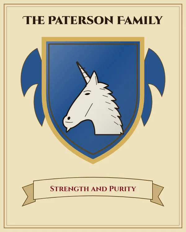 Coat of arms of The Paterson Family: a blue shield and a silver unicorn's head, motto "Strength and Purity"