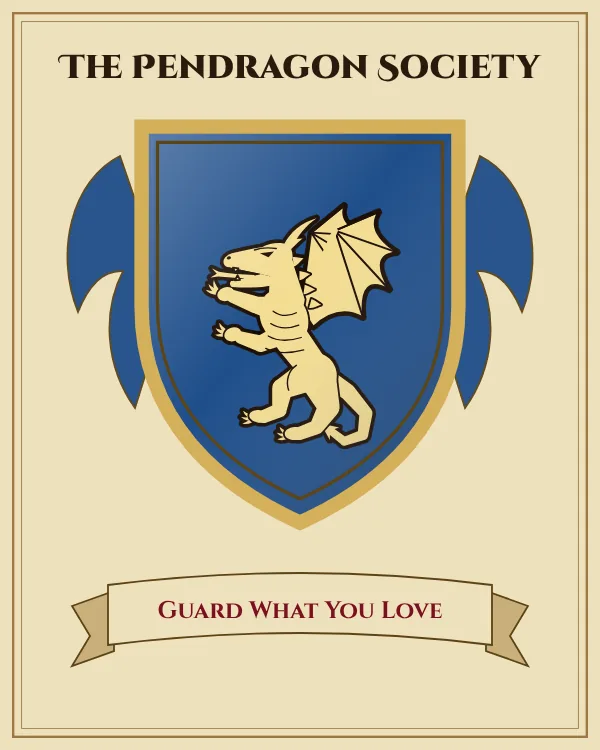 Coat of arms of The Pendragon Society: a blue shield and a gold dragon, motto "Guard What You Love"