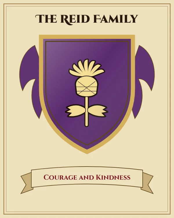 Coat of arms of The Reid Family: a purple shield and a gold thistle, motto "Courage and Kindness"