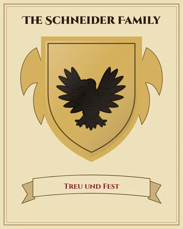 Coat of arms of The Schneider Family: a gold shield and a black eagle with spread wings, motto "Treu und Fest"
