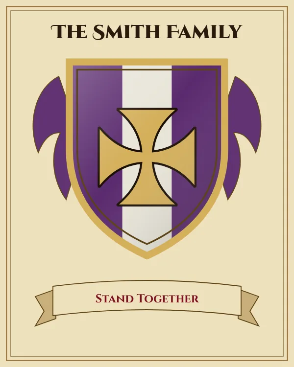Coat of arms of The Smith Family: a purple shield with a silver vertical stripe and a gold cross, motto "Stand Together"