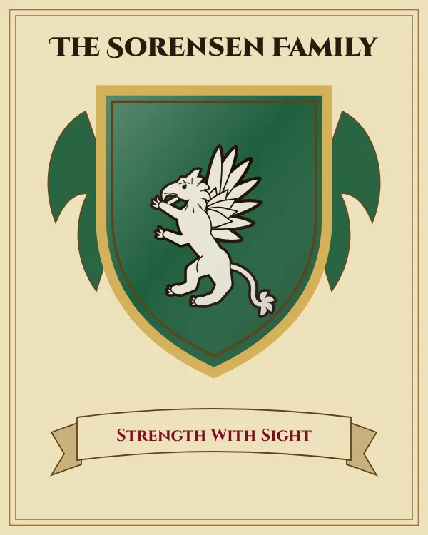 Coat of arms of The Sorensen Family: a green shield and a silver griffin, motto "Strength With Sight"