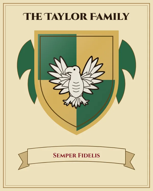 Coat of arms of The Taylor Family: a shield quartered in green and gold and a silver eagle with spread wings, motto "Semper Fidelis"