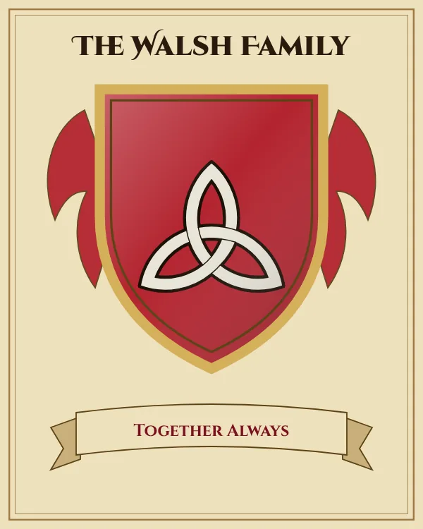 Coat of arms of The Walsh Family: a red shield and a silver Celtic triquetra knot, motto "Together Always"