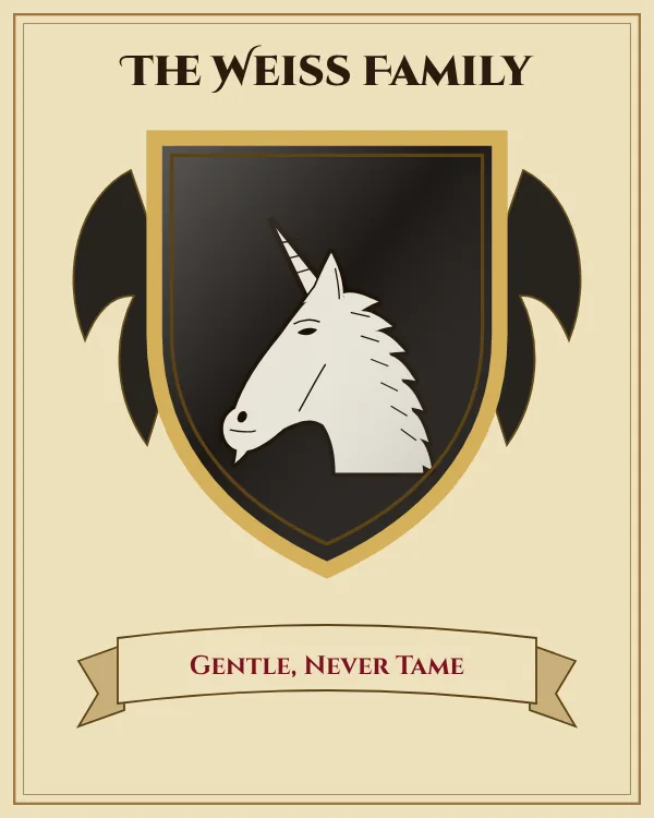 Coat of arms of The Weiss Family: a black shield and a silver unicorn's head, motto "Gentle, Never Tame"
