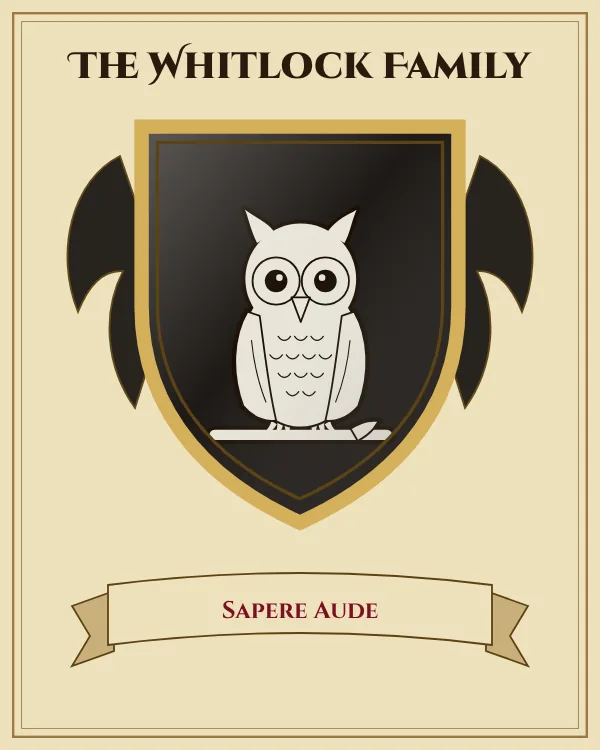 Coat of arms of The Whitlock Family: a black shield and a silver owl, motto "Sapere Aude"